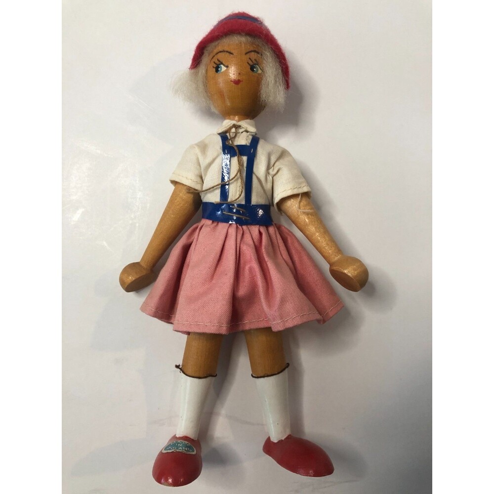 Vintage Gromada Wooden Polish Peg Girl Doll Jointed Made in Poland 7" Folk Art